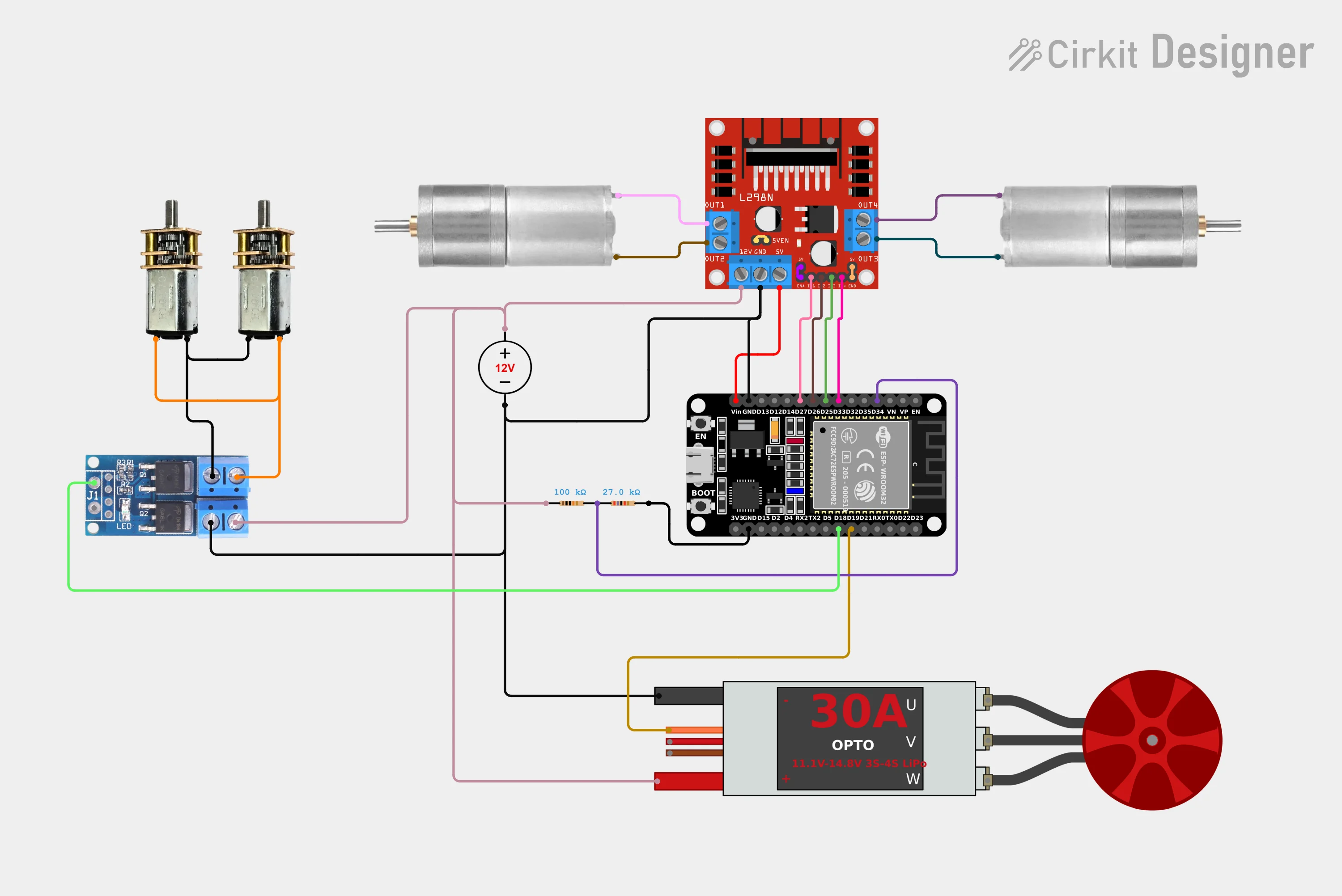 Full wiring: ESP32 + L298N + two motors + fan ESC on GPIO 19 + brush control on GPIO 18