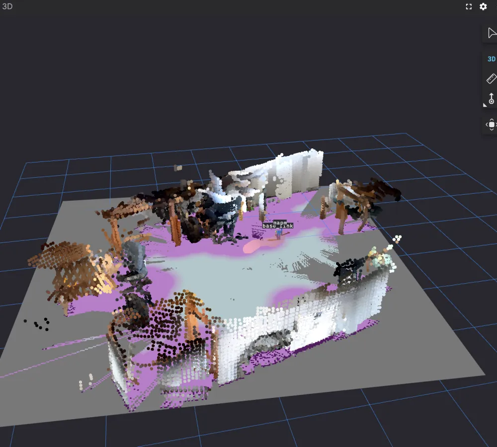 Foxglove 3D panel showing a point cloud room map built from LiDAR