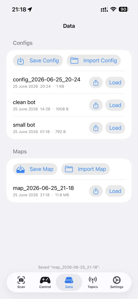 Data tab showing saved configs and maps with Save/Import buttons