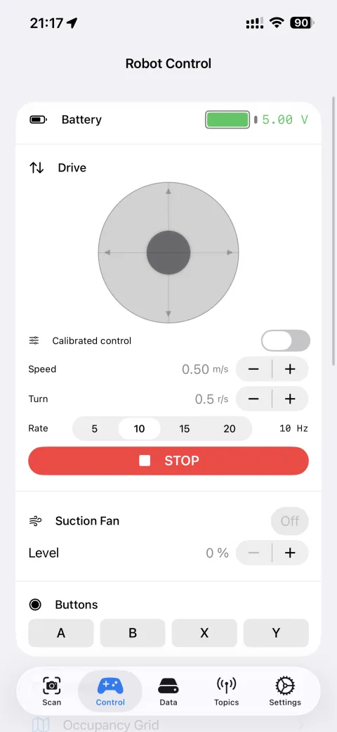 Control tab: virtual joystick, battery level, speed/turn controls, Suction Fan toggle