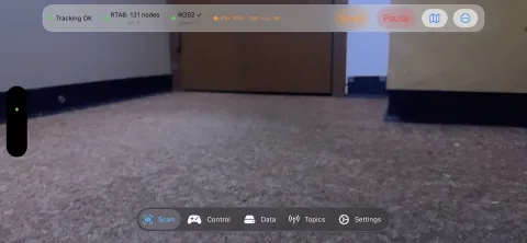 Scan tab: camera passthrough view with Tracking OK, RTAB node count, and ROS2 connected status