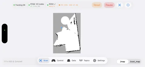 Scan tab map view: 2D occupancy grid with /map and /cost_map toggle