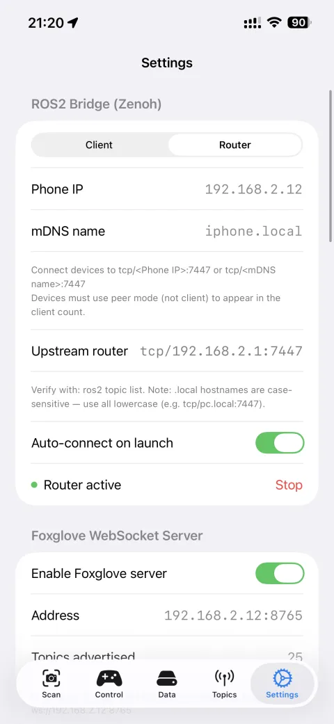 Settings screen showing Zenoh Router mode and Foxglove WebSocket server address